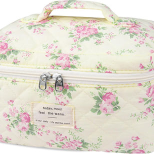Gosect Large Travel Quilted Makeup Bag for Women,Big Floral Cotton Cosmetic Bag, Cute Coquette Aesthetic Floral Toiletry Organizer Bag (Pink pattern)
