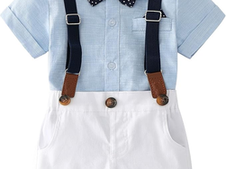 Baby Boys Gentleman Outfits Suits, Infant Shirt+Shorts+Bow Tie+Suspenders Clothes Set