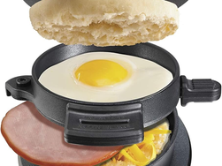 Hamilton Beach Breakfast Sandwich Maker with Egg Cooker Ring, Customize Ingredients, Perfect for English Muffins, Croissants, Mini Waffles, Perfect White Elephant Gifts, Black (25477)