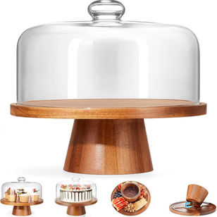 VIVIRBIEN Wooden Cake Stand with Lid, Acacia Cake Stand with Glass Dome, 11-Inch Versatile Dessert Stand with Strong Magnetic Pedestal, Cake Holder for Birthday/Kitchen/Party/Charcuterie