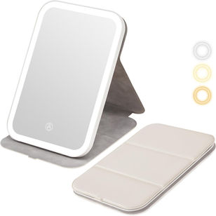 Rechargeable Travel Makeup Mirror, Portable Lighted Vanity Mirror with 3 Color Lights, Makeup Mirror with Dimmable Lights, LED Folding Cosmetic Desk Mirror for Makeup, Beige 