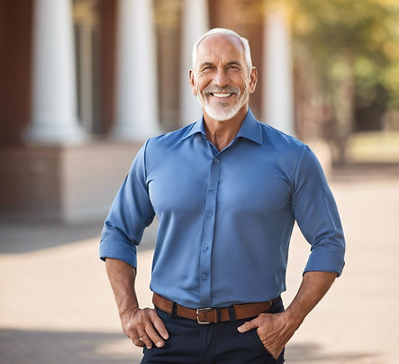 handsome older man about 45 years old, he looks strong and is wearing  a blue collared shi