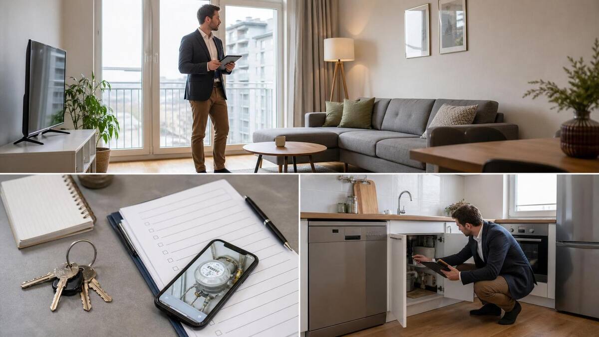 Checking kitchen and appliances in a rented apartment