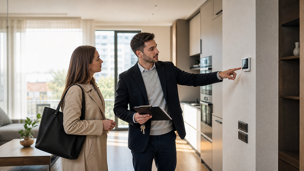 Property manager explaining apartment details during tenant move-in