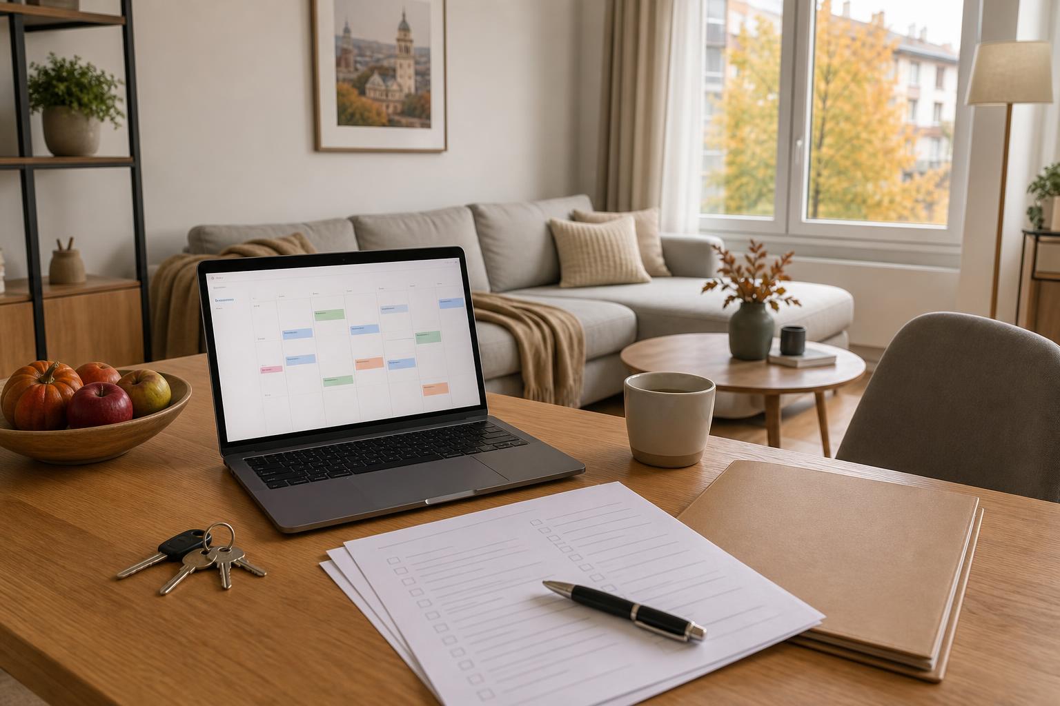 Lease renewal calendar beside keys and notes in a prepared Sofia rental apartment