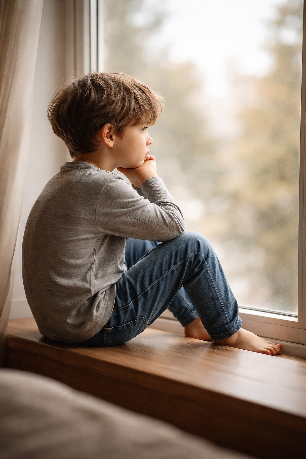 Задумлива дитина дивиться у вікно — діти з образним мисленням сприймають світ інакше, і стандартна психотерапія їм не підходить