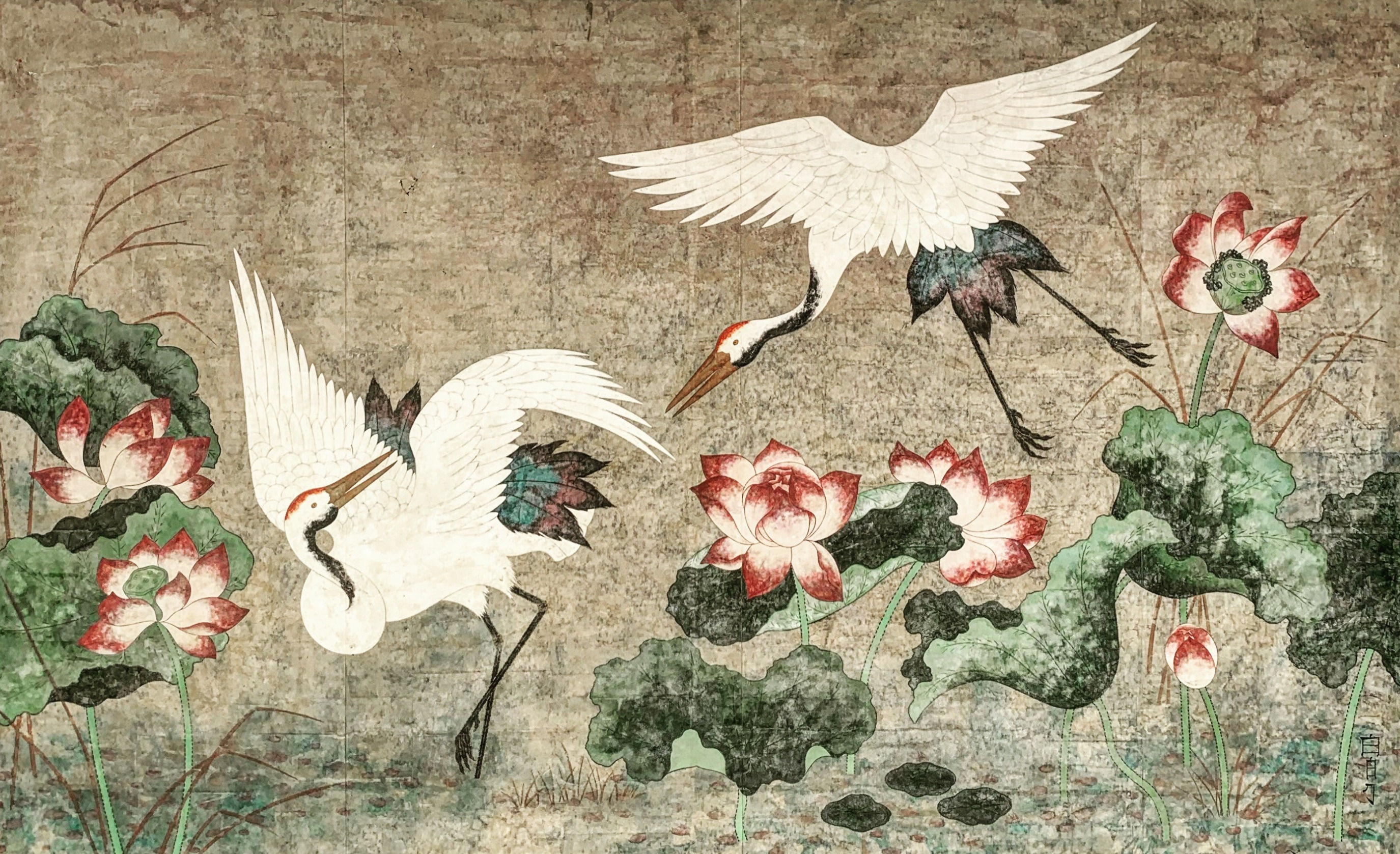 Huge 4 x 8 Panel Painting on paper. Chinese Cranes