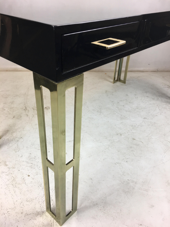 Thumbnail: Black Lacquer Writing Table with Brass Legs and Hardware