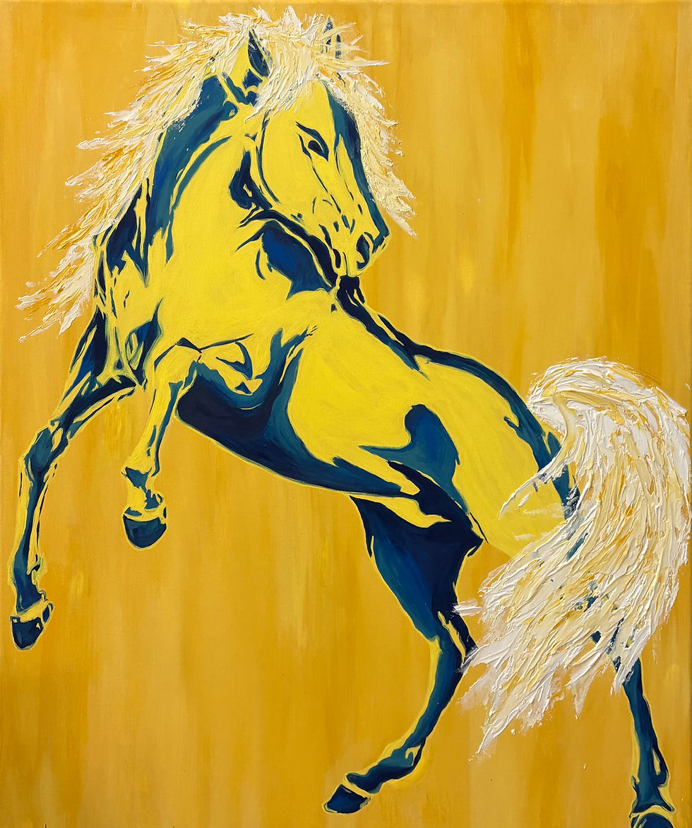 Abstract yellow and blue horse painting by Texas artist Jasleigh Montagne