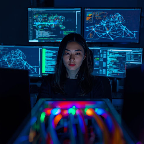 A person at a workstation with multiple monitors, or a glowing server_network cable shot.