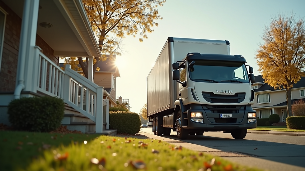 Eye-level view of a moving truck parked outside a house