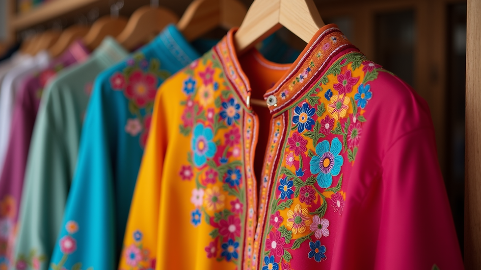 Eye-level view of a colorful embroidered Mexican blouse hanging on a wooden rack