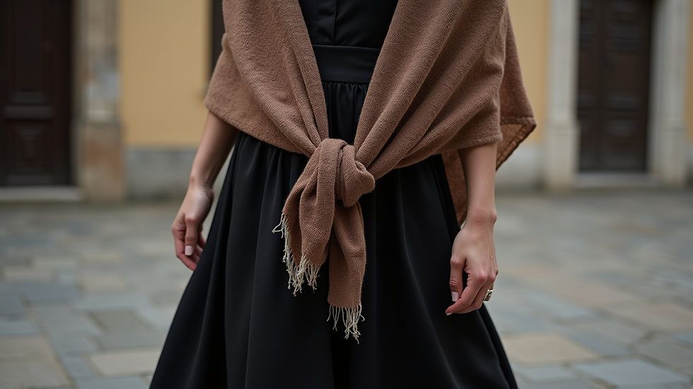 Eye-level view of a reboso scarf styled as a shawl over a black dress