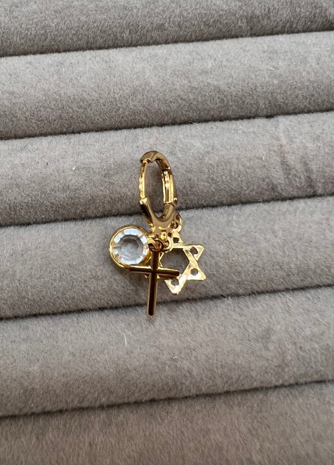 Argolinha articulada cruz, ponto de luz e estrela de Davi