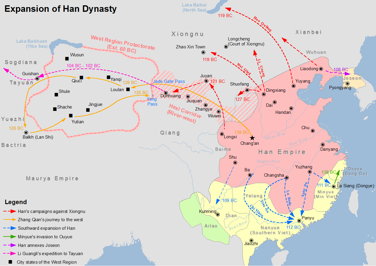 Han Hanedanı’nın yayılımını gösteren bir harita. Turuncu çizgiler Zhang Qian’in batı yolculuğundaki güzergahını gösteriyor