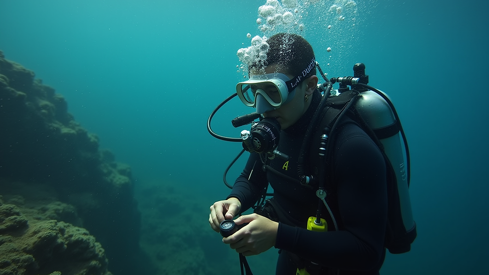 Close-up view of diver underwater checking equipment gauges