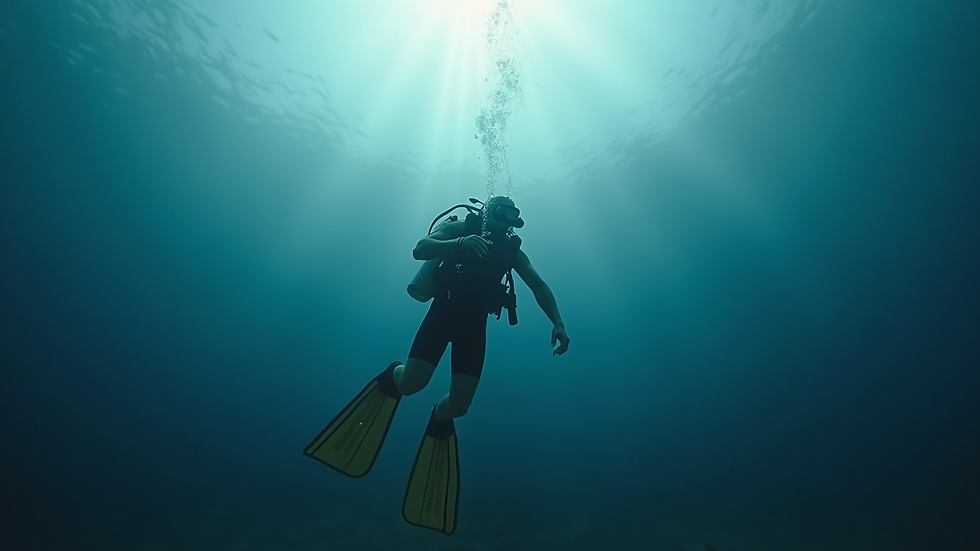 Wide angle view of scuba-diver performing controlled ascent during rescue training