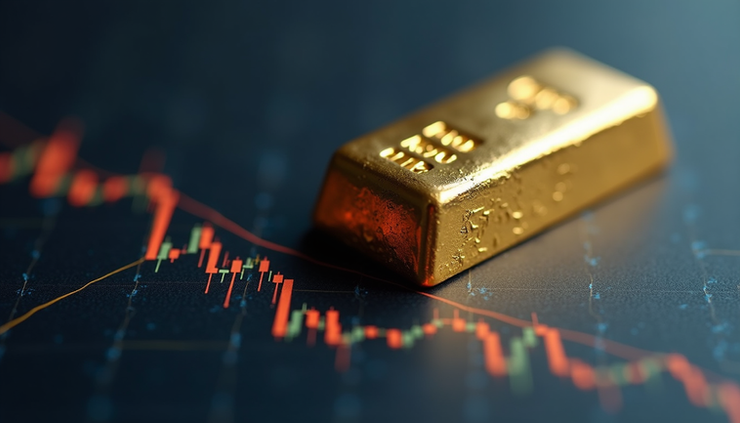 Close-up view of a gold bar resting on a financial chart showing upward trends