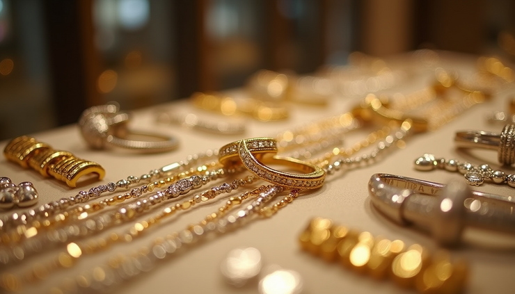 Eye-level view of gold and silver jewelry display at Sahdev Jewellers Dhamwala Dehradun