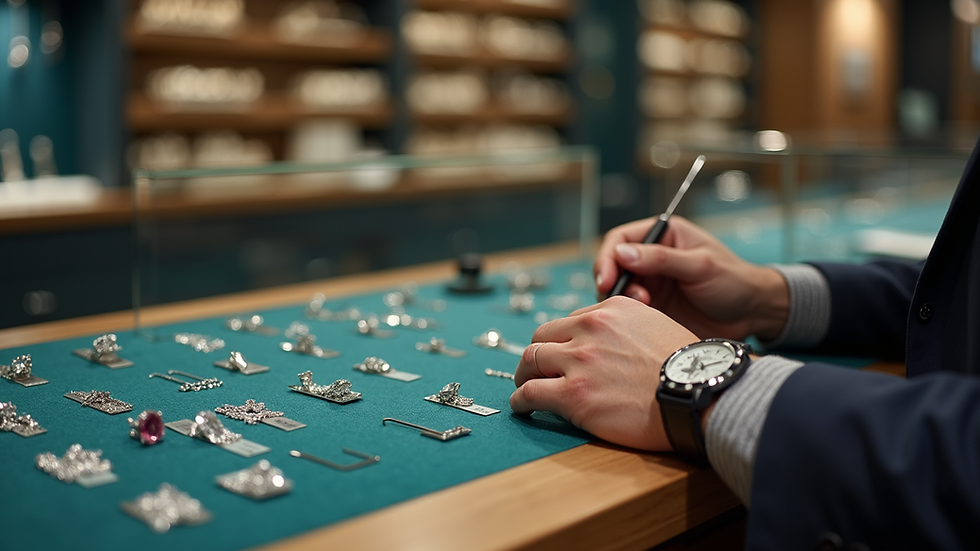 Eye-level view of a jewelry store counter with diamond appraisal tools