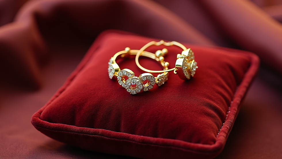 Eye-level view of gold jewelry displayed on a velvet cushion