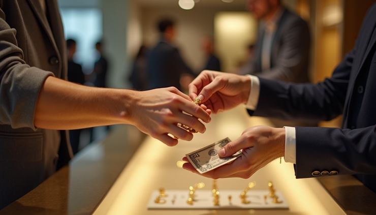 High angle view of a customer receiving cash payment for gold jewelry at a jewelry store counter