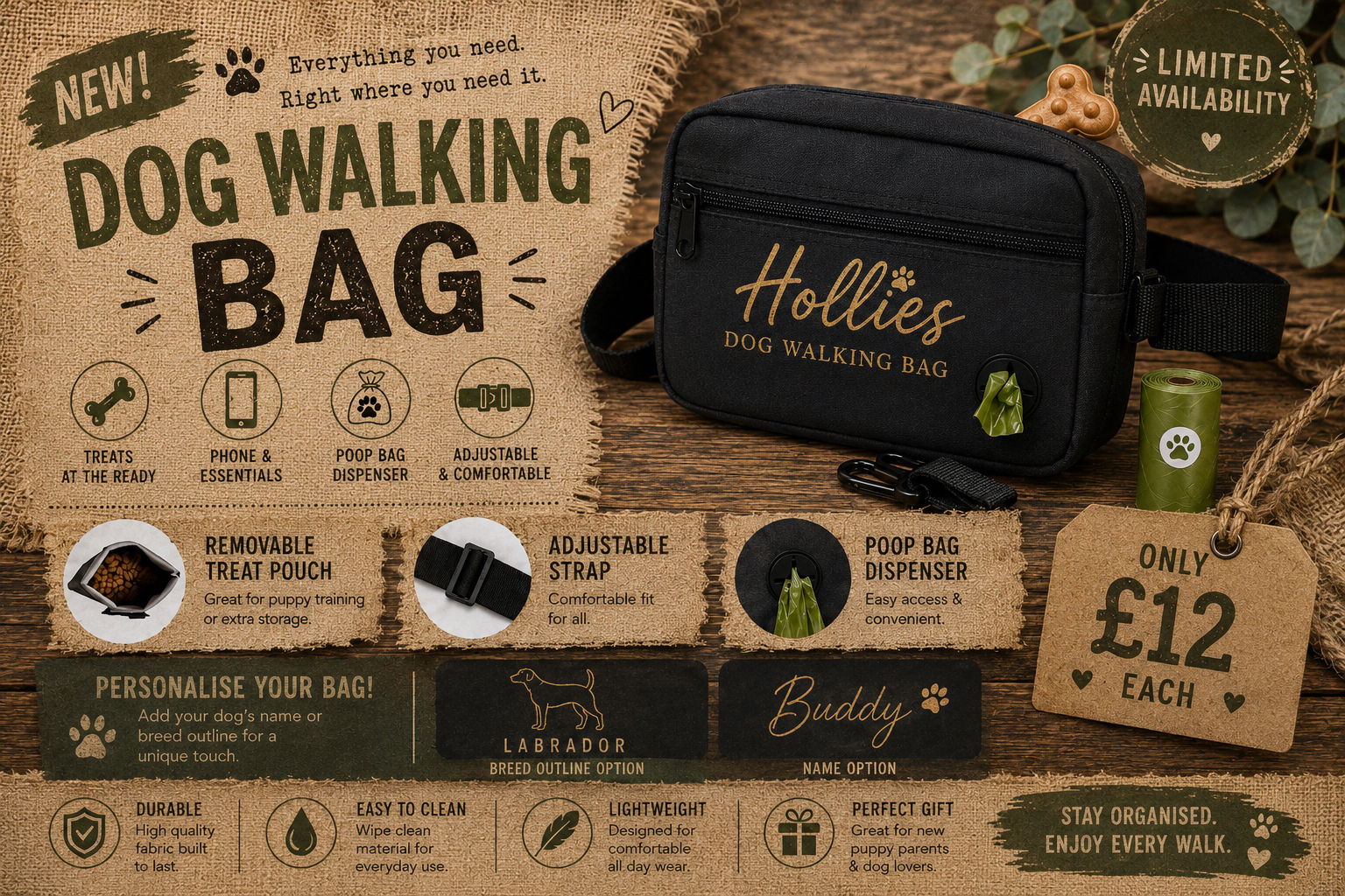 Personalised dog walking bag