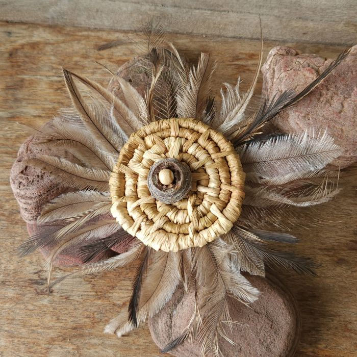 Brooch hand woven adorned with Emu Feathers and Finke River Mallee Nut