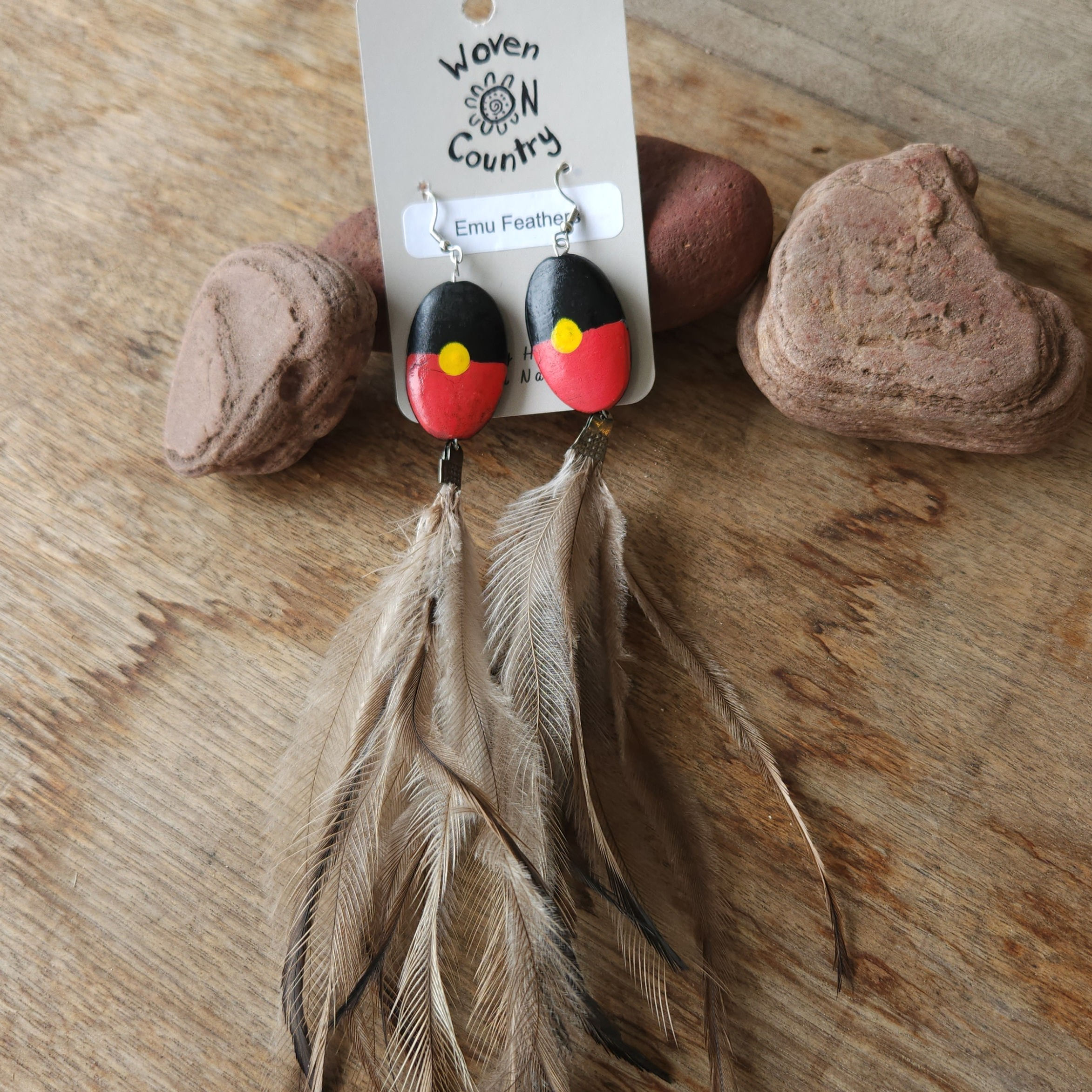 Hand Painted Oval earrings with Emu Feathers