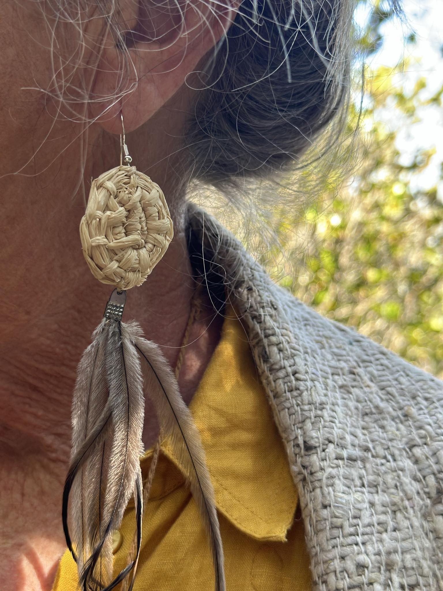 Earrings. Handwoven with natural raffia, adorned with Emu feathers 2 options