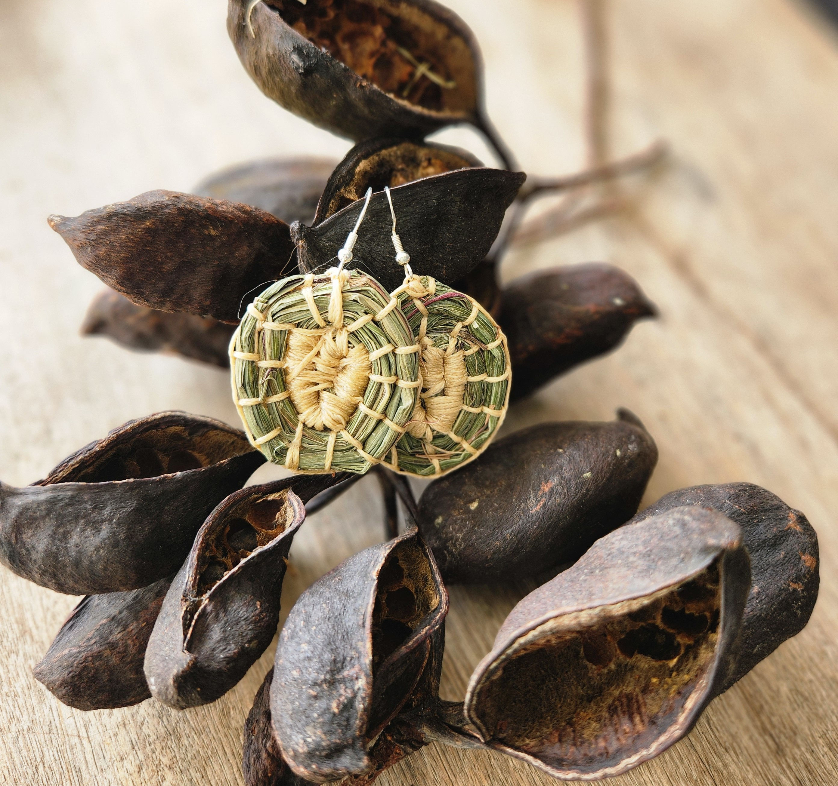 Earring handwoven from lemongrass