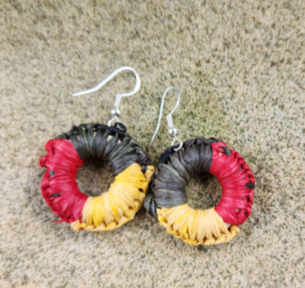 Handwoven circular Black, Red & Yellow Earrings 3cm diameter