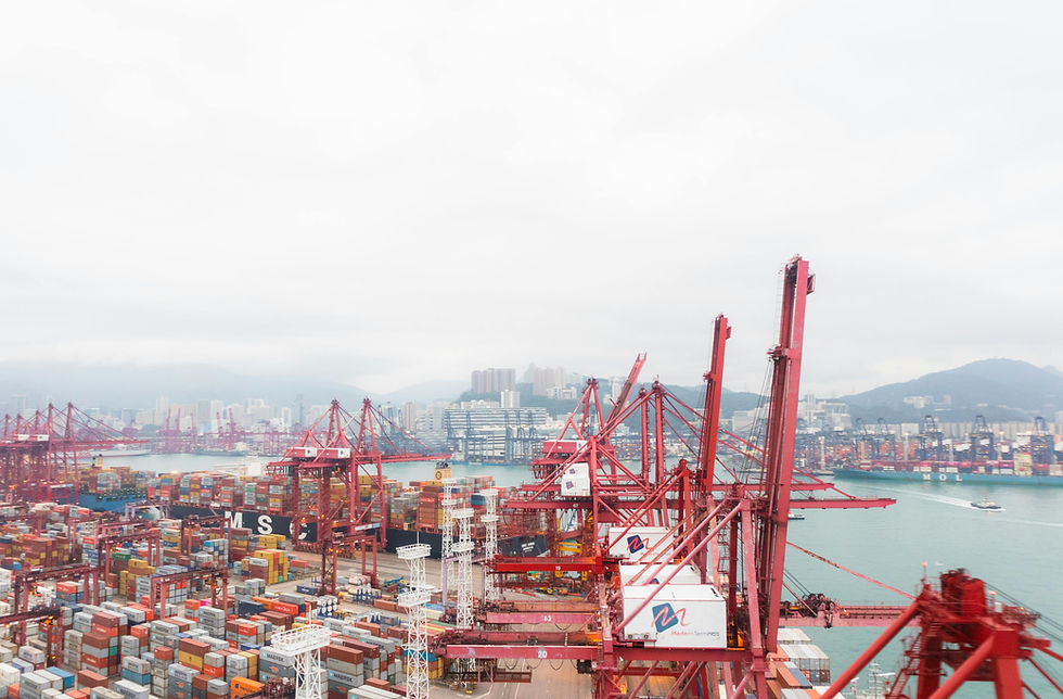 a landscape photo of red cranes surrounding cargo containers at a large shipping site, with a city across the bay in the distance.