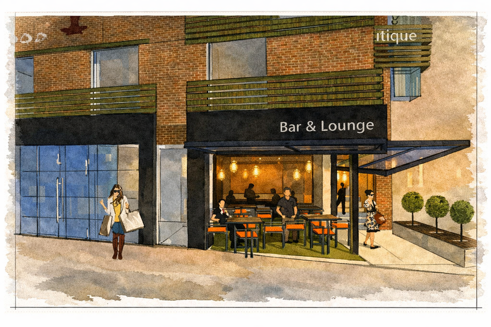 Close-up watercolor street view of Courtyard Corner Bar & Lounge outdoor seating area on Park Road in Charlotte, NC by Held Architecture, featuring pedestrian activity and warm interior lighting.
Shorter: Bar & Lounge pedestrian-level rendering, Courtyard Corner Park Road Charlotte NC