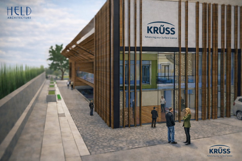 Modern entrance view of KRÜSS offices and laboratory in Pineville, NC, designed by Held Architecture. Contemporary facade with vertical wood slats, large glass storefront displaying interior spaces, KRÜSS branding signage, people interacting near the entrance, cobblestone walkway, and landscaped planters.