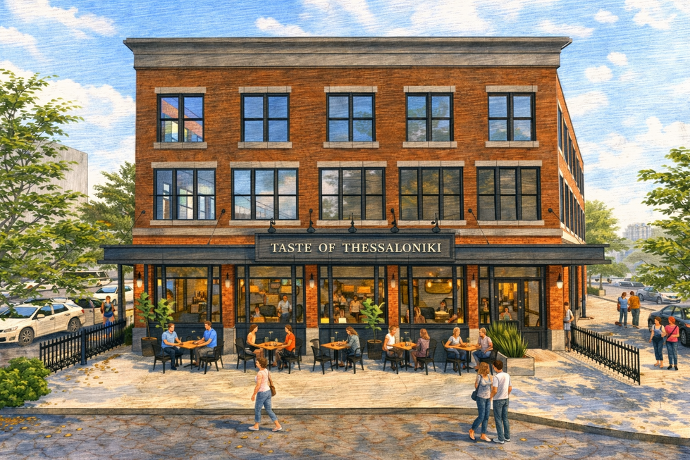 Full street view of the Taste of Thessaloniki restaurant at Locust Town Center in Locust, NC, featuring a two-story red brick mixed-use building with large ground-floor windows, outdoor café seating filled with patrons, and inviting pedestrian plaza designed by Held Architecture.