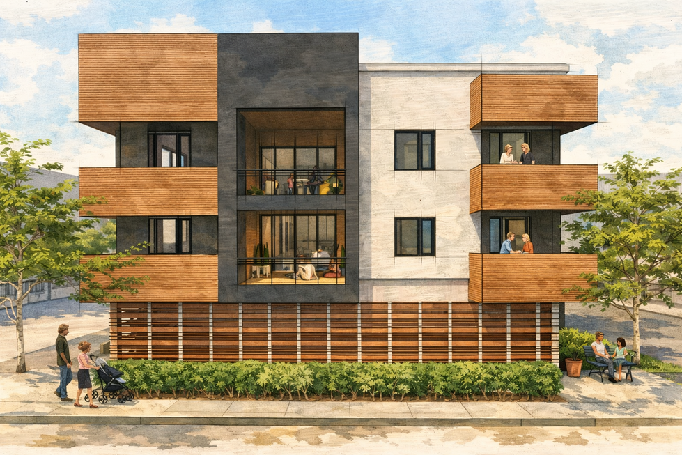Street-level view of the Microunits Urban Infill residential building in Elizabeth, Charlotte, NC, designed by Held Architecture. Modern facade with warm wood cladding, dark metal accents, deep balconies, large windows, lush landscaping, and active street life including pedestrians and outdoor seating.