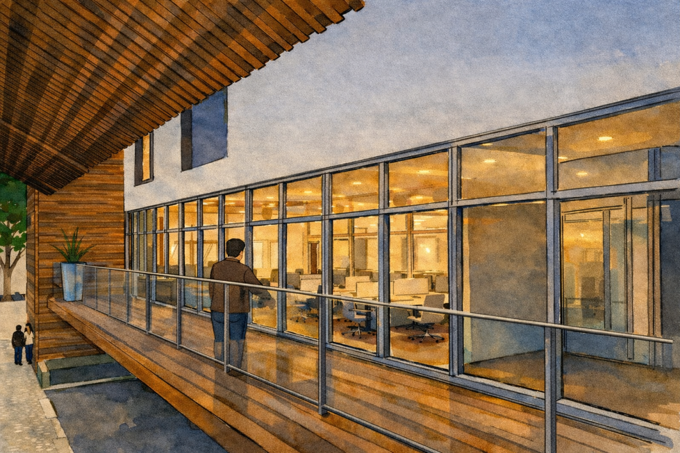 Evening exterior rendering of KRÜSS offices and laboratory in Pineville, NC, designed by Held Architecture. Modern second-floor balcony with wood decking and glass railing, man in brown jacket overlooking the illuminated open-plan office interior with workstations and chairs visible through large glass windows, warm interior lighting, and wood overhang above.