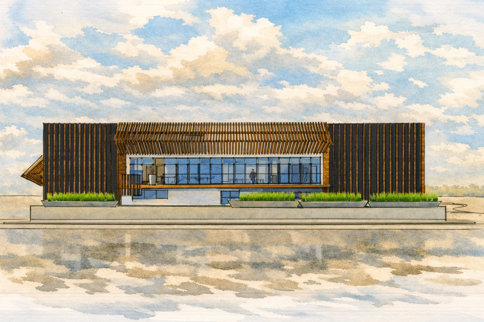 Long elevation rendering of KRÜSS offices and laboratory in Pineville, NC, designed by Held Architecture. Modern dark facade with vertical wood cladding, prominent horizontal wood slat overhang, expansive glass windows revealing interior spaces, concrete planters with lush green grasses along the base, and reflective wet pavement under a bright cloudy sky.
