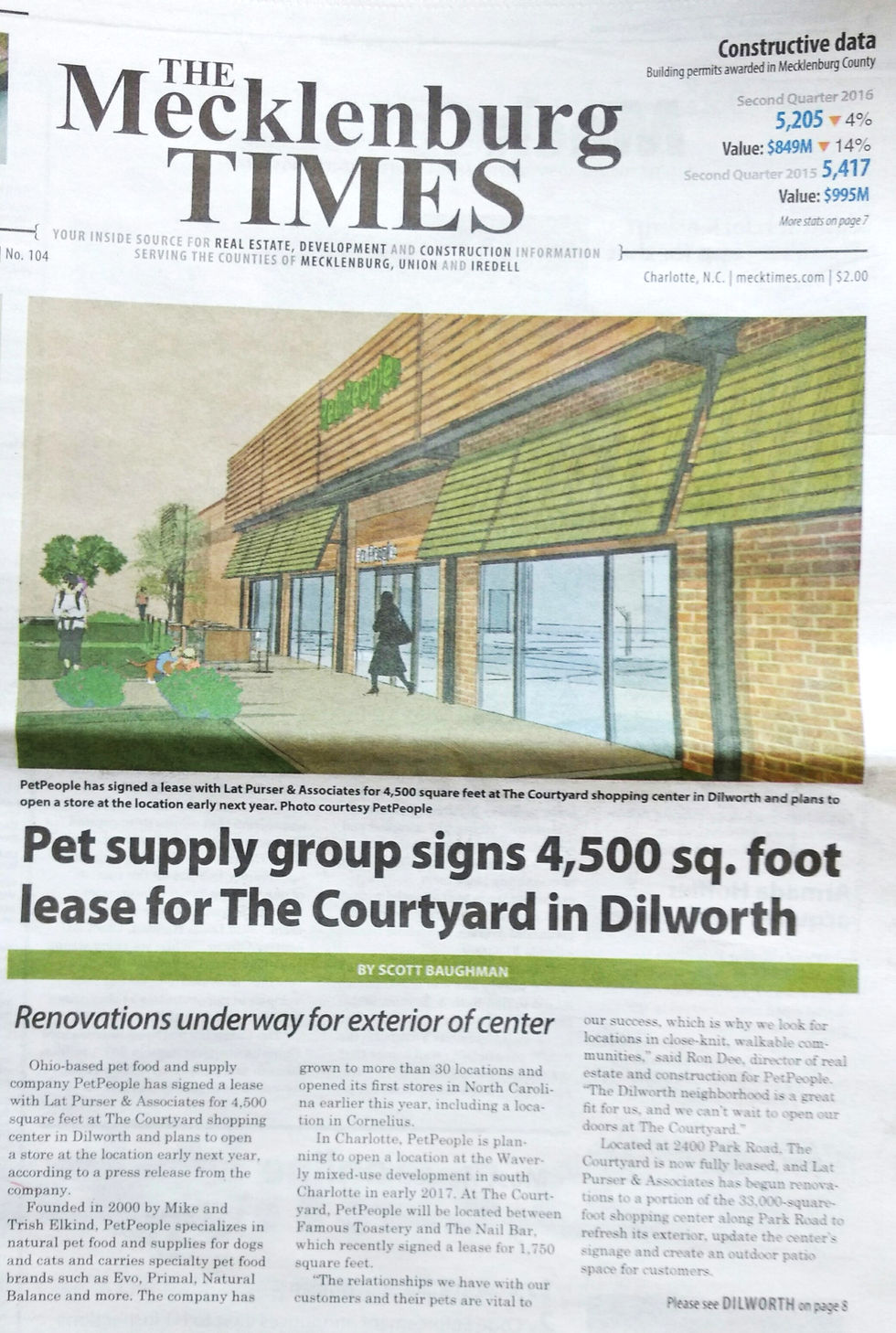 Newspaper feature in The Mecklenburg Times showcasing Held Architecture’s Pet People retail facade renovation in Charlotte, NC, with architectural rendering of the modernized storefront featuring wood fins, green awnings, brick, and corner tower at The Courtyard in Dilworth.