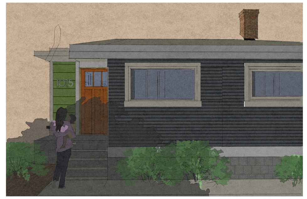 Cottage entrance at Green Street Cottages in Charlotte, North Carolina – Passive House design by Kristina Held featuring dark siding, green accent wall, warm wood door, and welcoming front porch with family.