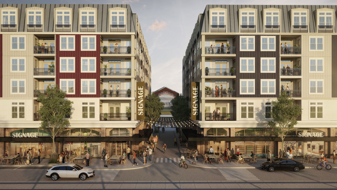 Vibrant street-corner rendering of The Cannery eco-conscious mixed-use community in Salem, Oregon, designed by Kristina Held of Held Architecture. Features colorful modern apartment buildings with balconies, ground-floor retail and dining, active pedestrian sidewalks, outdoor seating, and sustainable urban design.