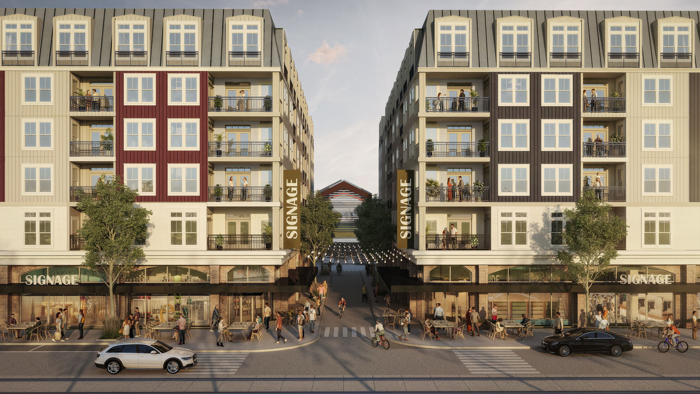 Vibrant street-corner rendering of The Cannery eco-conscious mixed-use community in Salem, Oregon, designed by Kristina Held of Held Architecture. Features colorful modern apartment buildings with balconies, ground-floor retail and dining, active pedestrian sidewalks, outdoor seating, and sustainable urban design.