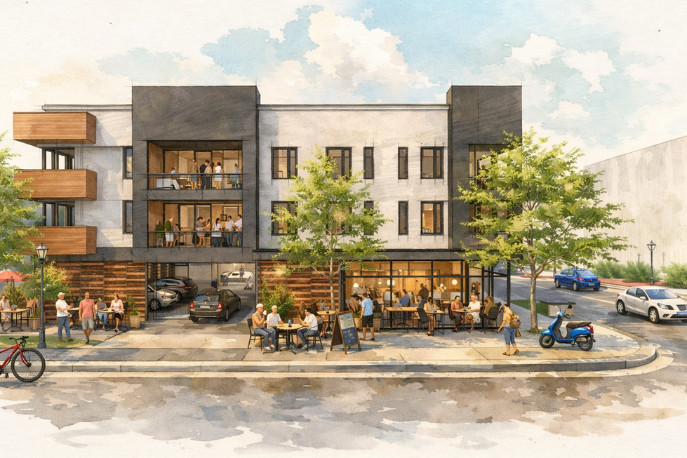 Vibrant streetscape rendering of the Microunits Urban Infill building in Elizabeth, Charlotte, NC designed by Held Architecture. Active ground-floor outdoor seating, pedestrians, balconies with residents, ground-level parking, and lively urban neighborhood atmosphere with trees and street elements.