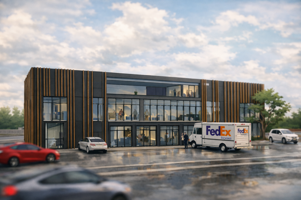 Architectural rendering of KRÜSS offices and laboratory in Pineville, NC, designed by Held Architecture. Modern two-story building with dark vertical wood cladding, extensive glass facades revealing interior workspaces, street view with red sedan, white sedan, FedEx truck, white SUV, and people near the entrance under a partly cloudy sky.
