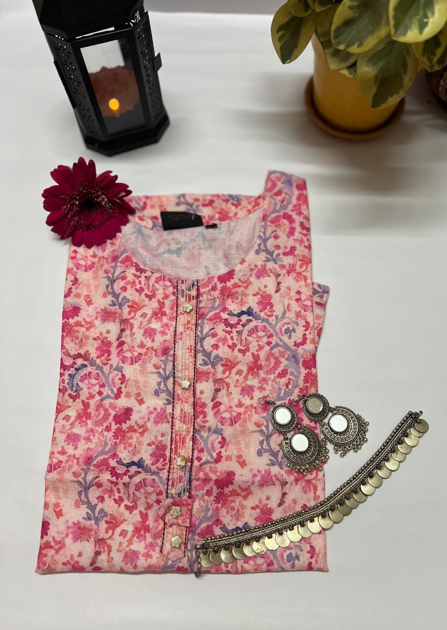 This is a product image, the product is a Pink Pure Linen Printed Short Kurti