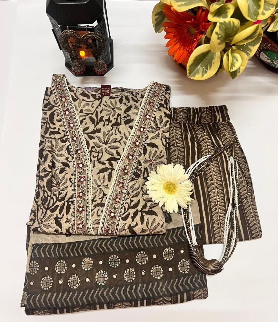 This is a product image, the product is a Beige Brown Pure Cotton SKD