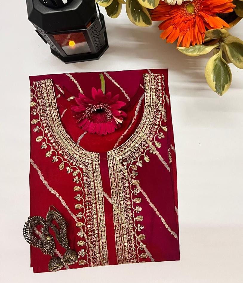 This is a product image, the product is a Fuchsia Pink & Red Muslin Silk Kurti