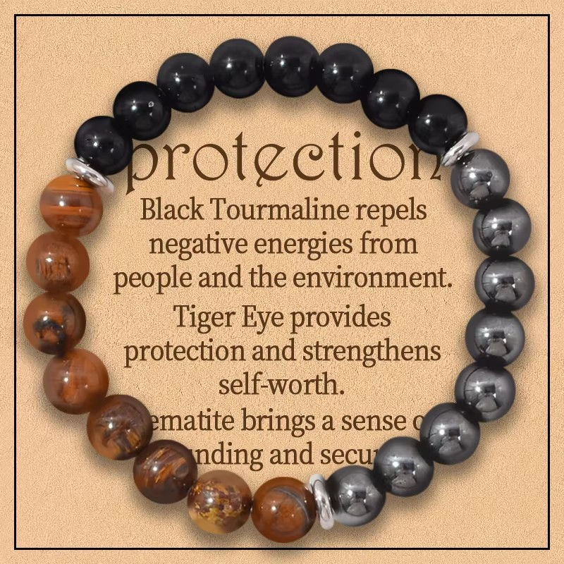 Triple Protection Bracelet:Tiger Eye, Black Obsidian, & Hematite 8mm Round Prote