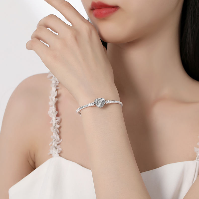 Original 925 Sterling Silver Bracelets Bangles Love Heart Clip Charms Beads Snak